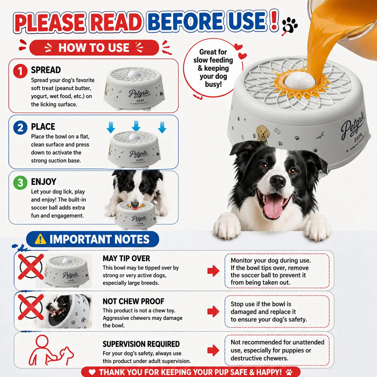 Petgrix Soccer Slow Feeder Dog Bowl, No-Spill Lick Bowl with Flat-Lock Ball Design, Strong Suction Base, Interactive Enrichment Feeder for Peanut Butter, Yogurt, Bone Broth & Wet Food